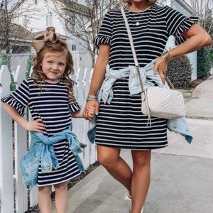 Women's Black Striped T-shirt Dress with Ruffled Sleeves